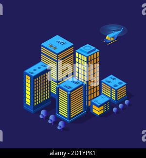 Smart City Night Neon ultraviolett Reihe von Gebäuden Häuser Stock Vektor