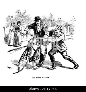 Seine erste Lektion aus "Radfahren" von der rechten Hon. Earl of Albemarle, William Coutts Keppel, (1832-1894) und George Lacy Hillier (1856-1941); Joseph Pennell (1857-1926) Veröffentlicht von London und Bombay : Longmans, Green and co. In 1896. Die Badminton Library Stockfoto