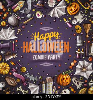 Cartoon Vektor Kritzeleien Happy Halloween Rahmen Karte Design Stock Vektor