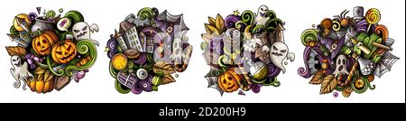 Halloween Cartoon Vektor Doodle Designs Set. Stock Vektor