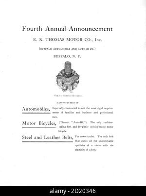 Der E. R. Thomas Motor Co. Inc. Advance Catalog - Hersteller von Automobilen und Auto-Bi Motorrädern - aus Buffalo New York, USA, gedruckt 1903. E. R. Thomas Motor Company war ein Hersteller von motorisierten Fahrrädern, motorisierten Dreirädern, Motorrädern und Automobilen in Buffalo, New York zwischen 1900 und 1919 Stockfoto