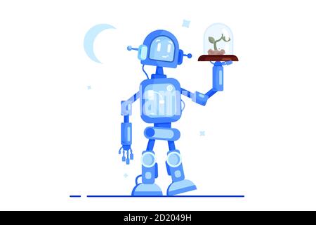 Kind Roboter mit Pflanze in den Händen in flachem Stil Stock Vektor