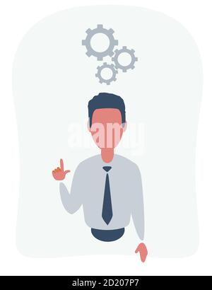 Menschlicher Kopf, der eine neue Idee schafft. Mann und Zahnräder über Kopf. Ideengenerierung. Geschäftsidee Schaffen. Stock Vektor