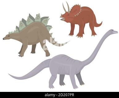 Set von pflanzenfressenden Dinosauriern. Stegosaurus, Triceratops und Diplodocus im Cartoon-Stil. Stock Vektor