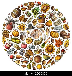 Vektor-Set von Happy Thanksgiving Cartoon Doodle Objekte, Symbole und Elemente Stock Vektor