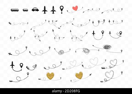 Stellen Sie die Symbole für den Weg mit dem Flugzeug oder Bus, Taxi. Start und Landung eines Passagierflugzeugs. Infografik zu Flugstrecken. Flug mit dem Flugzeug Stock Vektor