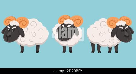 Männliche Schafe in verschiedenen Posen. Bauernhof Tier im Cartoon-Stil. Stock Vektor