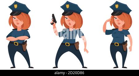 Weibliche Polizeibeamte in verschiedenen Posen. Schöne Figur im Cartoon-Stil. Stock Vektor