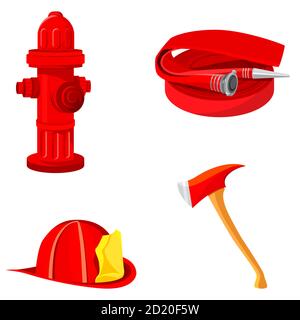 Satz von Feuerlöschanlagen. Hydrant, Schlauch, Helm und Axt im Cartoon-Stil. Stock Vektor