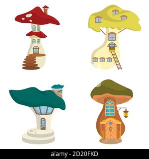 Set von verschiedenen Pilzhäusern. Märchenhaftes Äußeres im Cartoon-Stil. Stock Vektor