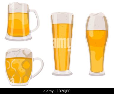 Set von Biergläsern und Tassen. Verschiedene Objekte im Cartoon-Stil. Stock Vektor