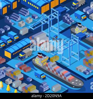 Isometrische 3D-Illustration Stadt mit Flussufer mit Stock Vektor