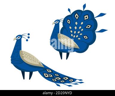 Pfau mit einem schönen Schwanz. Vögel im Cartoon-Stil isoliert auf weißem Hintergrund. Stock Vektor