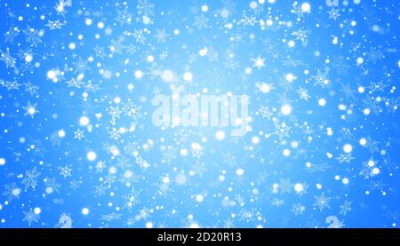 Weißer Schnee fliegt auf blauem Hintergrund. Weihnachten Schneeflocken. Winter Schneesturm Hintergrund Illustration. Stock Vektor