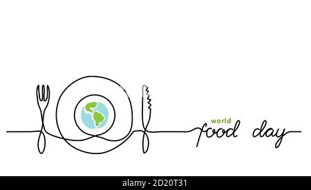 World Food Day Holiday Konzept mit Erde oder Globus und Teller, Messer und Gabel. Einzeilige Kunst mit Text Food Day Stock Vektor