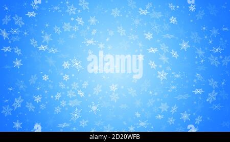 Weißer Schnee fliegt auf blauem Hintergrund. Weihnachten Schneeflocken. Winter Schneesturm Hintergrund Illustration. Stock Vektor