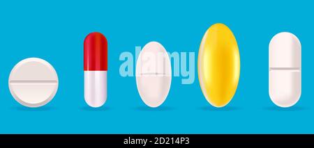 Satz von medizinischen Tabletten. Pillen im realistischen Stil. Stock Vektor