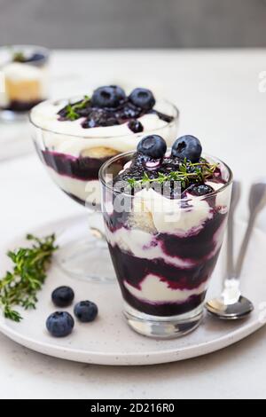 Tiramisu. Hausgemachtes Dessert in Gläsern mit Blaubeeren, Sahne und Marienkäfer garnieren mit Heidelbeeren und Thymian. Hellgrauer Steinhintergrund. Stockfoto