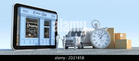 3D-Rendering einer Tablette mit einer Boutique und Delivery Men, einem Van mit Boxen und einer Stoppuhr Stockfoto