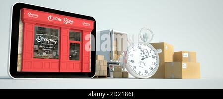 3D-Rendering einer Tablette mit einer Boutique und Delivery Men, einem Van mit Boxen und einer Stoppuhr Stockfoto