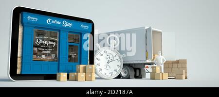 3D-Rendering einer Tablette mit einer Boutique und Delivery Men, einem Van mit Boxen und einer Stoppuhr Stockfoto