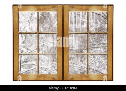 Holzrahmen mit einer Winterlandschaft vor dem Fenster. Isoliert auf weißem Hintergrund Stockfoto