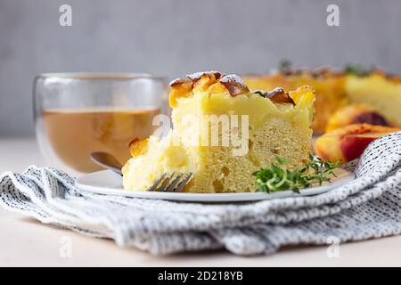 Leckere Chiffon-Torte mit Pudding-Creme und Nektarinen mit Kräutertee und Thymian auf hellem Beton Hintergrund. Stockfoto