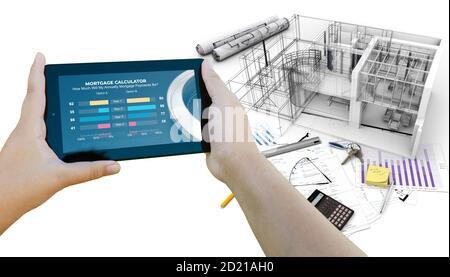 3D-Rendering eines mobilen Geräts mit einem Hypothekenrechner Und ein Hausbauprojekt Stockfoto