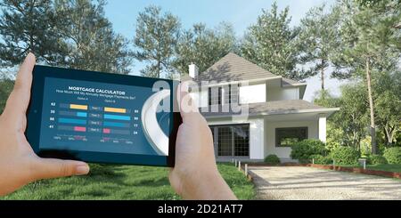 3D-Rendering eines mobilen Geräts mit einem Hypothekenrechner Und ein Haus im Hintergrund Stockfoto