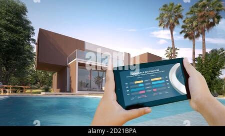 3D-Rendering eines mobilen Geräts mit einem Hypothekenrechner Und ein luxuriöses Haus im Hintergrund Stockfoto