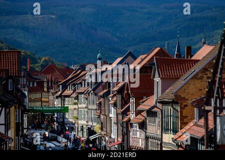 Wernigerode, Deutschland. Oktober 2020. Die hellen Fassaden der Fachwerkhäuser und die roten Dächer der Stadt zeichnen sich durch den verblassenden und bläuenden Wald an den Hängen des Harzes aus. Es ist Herbst geworden und die Sonne ist schon um die schon deutlich niedriger als im Sommer, der erst vor wenigen Wochen zum Herbst wurde. In den kommenden Tagen wird erwartet, dass sich der Himmel immer wieder öffnet und die Sonne herauskommt. Alles in allem bleibt es aber eine harte Mischung aus Sonne, Wolken, Schauern und Wind. Quelle: Klaus-Dietmar Gabbert/dpa-Zentralbild/ZB/dpa/Alamy Live News Stockfoto