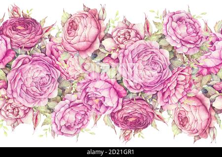 Nahtlose Blumengirlande. Aquarell Pfingstrosen Rosen Blätter. Hochzeitsdekor. Aquarell Blumen. Rosa Blumen, Knospen, Blätter, Zweige. Stockfoto