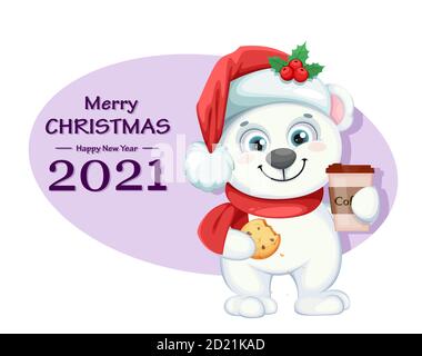 Niedliche Eisbär Cartoon-Figur mit Kaffee und Cookie. Frohe Weihnachten und ein glückliches neues Jahr Grußkarte. Vektorgrafik Stock Vektor