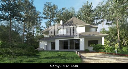 3D-Rendering einer schönen Villa umgeben von Vegetation Stockfoto