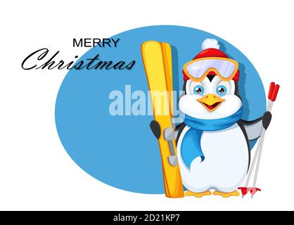 Frohe Weihnachten Grußkarte. Niedlicher Pinguin mit Skiern. Frohes neues Jahr. Lustige Pinguin Cartoon-Charakter. Vektorgrafik auf weißem Hintergrund. Stock Vektor