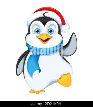 Niedlicher Pinguin in Santa Hut. Frohe Weihnachten und Frohes neues Jahr. Lustige Pinguin Cartoon-Charakter. Vektorgrafik auf weißem Hintergrund. Stock Vektor