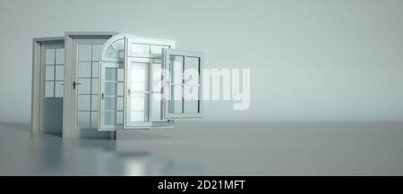 3D-Rendering einer Auswahl von Türen und Fenstern Stockfoto