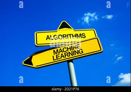 Algorithmen vs Machine Learning - Verkehrszeichen mit zwei Optionen - programmierte Software für Roboter und Maschinen vs. Künstliche Intelligenz Und Autonomie o Stockfoto
