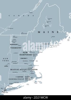New England Region der Vereinigten Staaten von Amerika, graue politische Karte. Maine, Vermont, New Hampshire, Massachusetts, Rhode Island und Connecticut. Stockfoto
