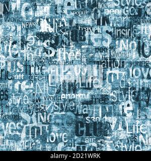 Abstrakte Grunge städtischen geometrischen Wörter, Buchstaben nahtlose Muster. Alte Zeitung, Zeitschrift texturierten Papier Hintergrund. Blau blaugrün Collage wiederholende Textu Stockfoto