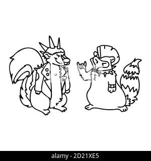 Punk Rock Waschbär und Skunk monochrome lineart Illustration Clipart. Einfacher alternativer Aufkleber. Kinder Emo Rocker Malvorlagen niedlich Hand gezeichnet Cartoon Stock Vektor