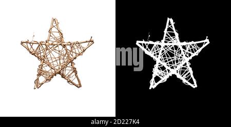 Ein goldener Weihnachtsstern Dekoration aus Zweigen gemalt Gold isoliert auf einem weißen Hintergrund und mit einer Ausschnittmaske. Stockfoto