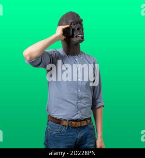 Mann in Gorilla Maske im Gespräch auf Handy. Isolierter Ausschnitt auf grünem Hintergrund. Mittlere Aufnahme. Stockfoto