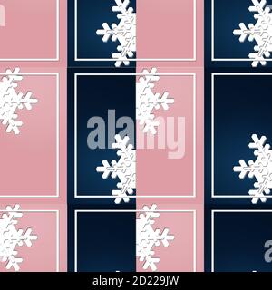 Trendige Nahtloses Muster für Weihnachten in Blau Pink und weißen Schneeflocken. 3D-Illustration Stockfoto