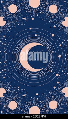 Mystische Zeichnung für Design, Monat auf blauem Hintergrund. Heilige Geometrie, Astrologie, Tarot, Boho. Vektorgrafik für Postkarte, Poster, Cover Stock Vektor