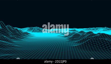 Vektor futuristischen Hintergrund. Abstrakte digitale Landschaft mit Partikeln Punkten am Horizont. Drahtmodell Querformat. Big Data. 80er Jahre Retro Sci-Fi Hintergrund Stock Vektor