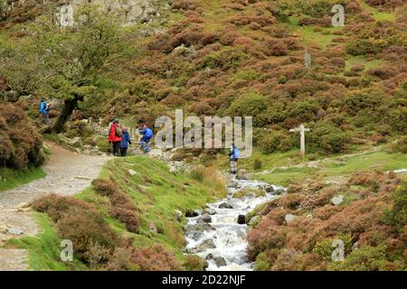 Spaziergänger in der Carding Mill Valley, Church Stretton, Shropshire, England, Großbritannien. Stockfoto