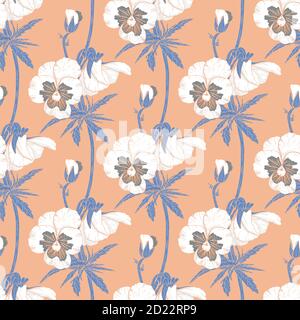 Weißes, nahtlos gezeichnetes Blumenmuster mit handgezeichneten Stiefmütterchen auf rosa Hintergrund. Stock-Vektor Stock Vektor