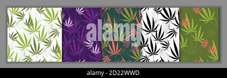 Sammlung von 5 Cannabis Blätter nahtlose Muster auf weißem, grünem und violettem Hintergrund. Medizinische Hanf Natur Textur. Vektor Stock Vektor