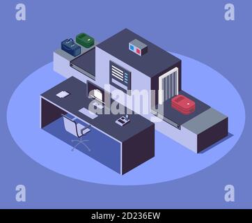 Flughafen Gepäckscanner isometrische Farbvektordarstellung. Moderne Fluggesellschaft Sicherheitsmaßnahme 3d-Konzept isoliert auf blauem Hintergrund Stock Vektor